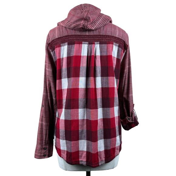 Women's PrAna Red White Anja Plaid Long Sleeve Button‎ Cuff Hooded Popover Top M - Picture 4 of 9